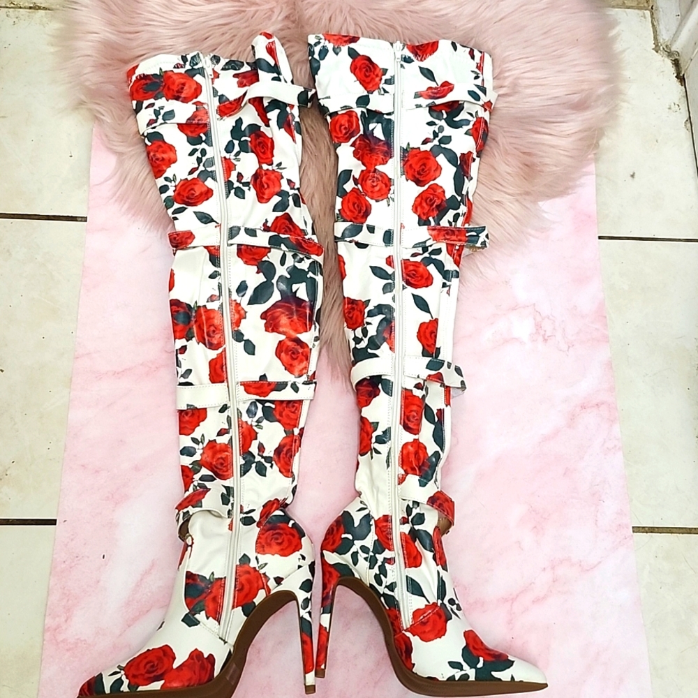 Brand New FLORAL STILETTO THIGH-HI BOOTS-6.5